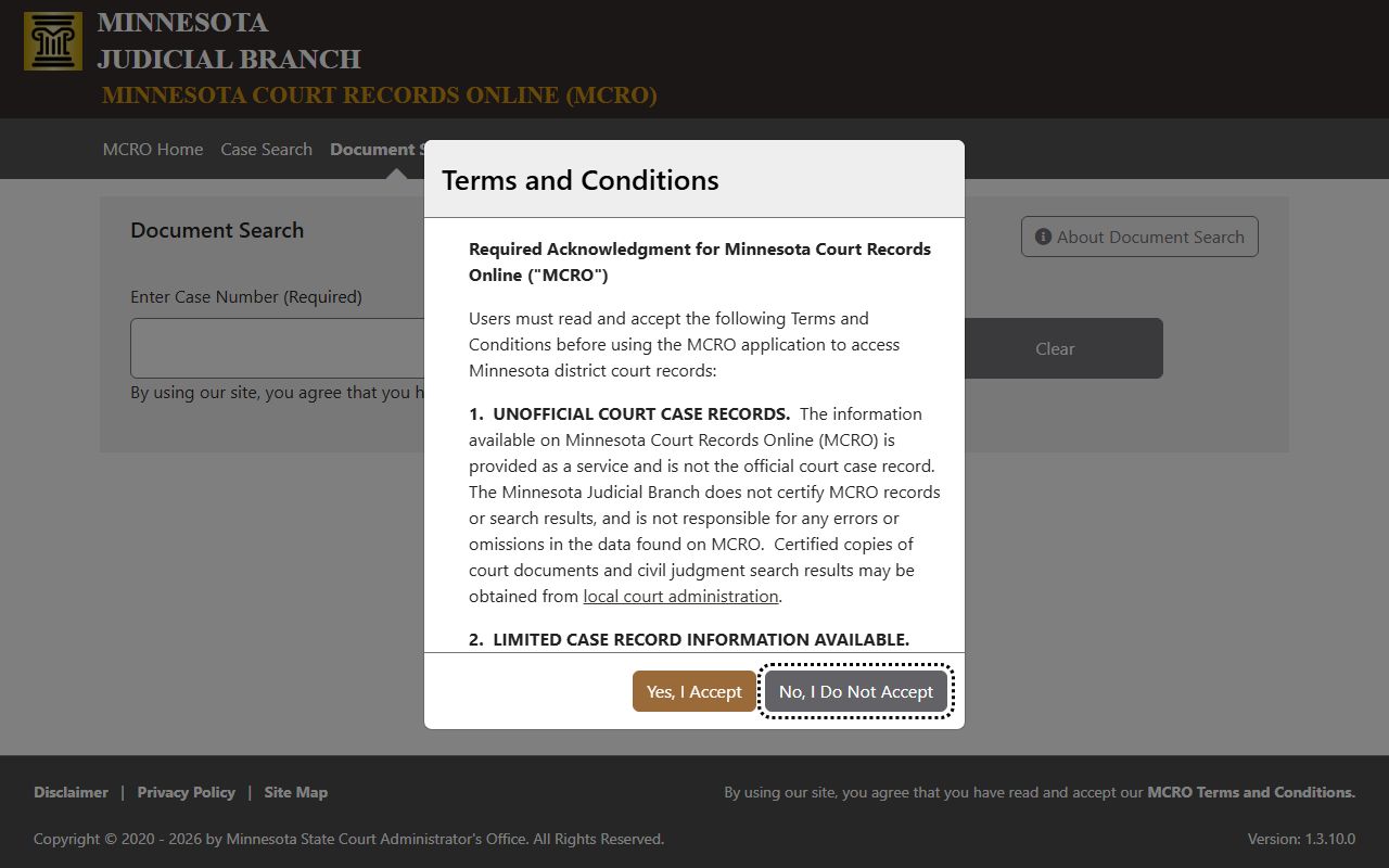 Nobles County court dockets MCRO document search screen