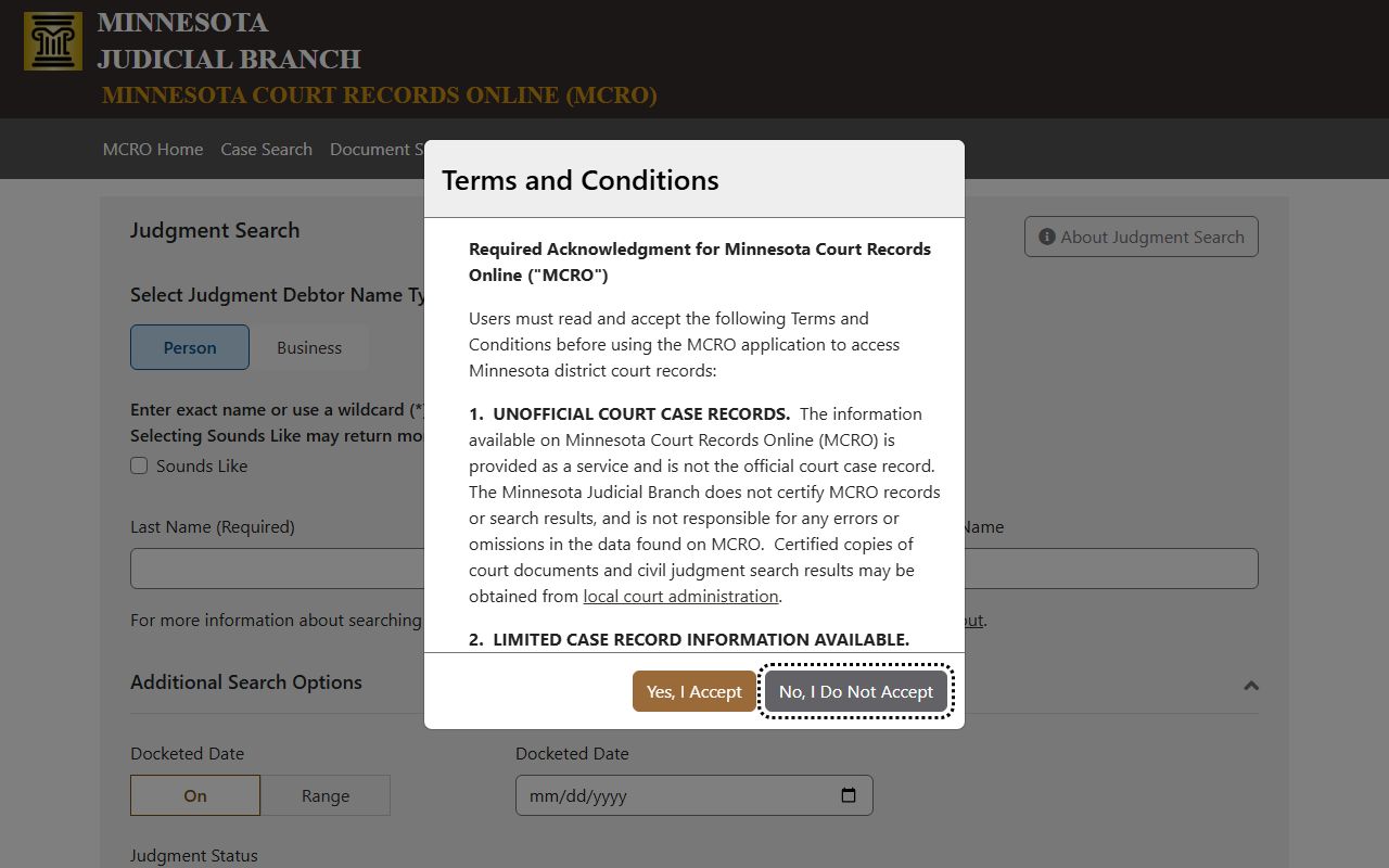 Nobles County court records MCRO judgment search screen