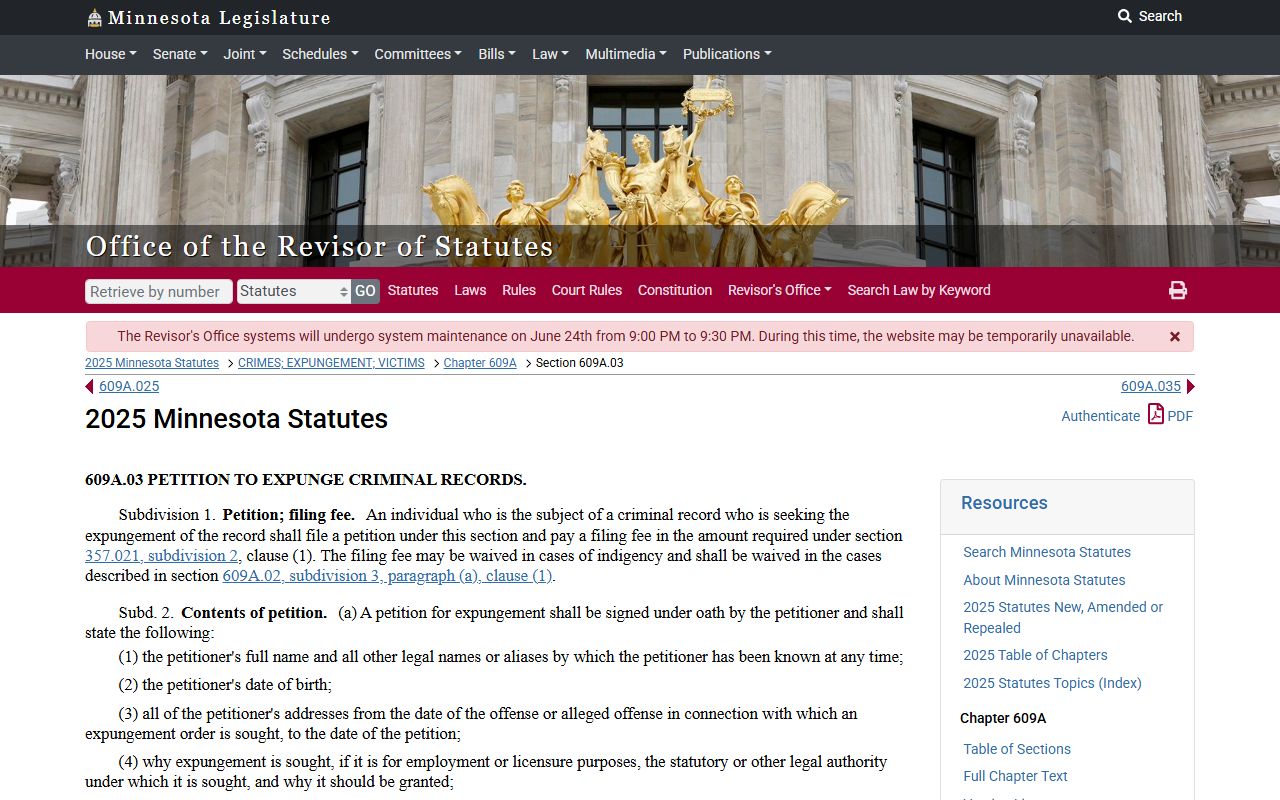 Nobles County criminal court records Minnesota petition to expunge statute