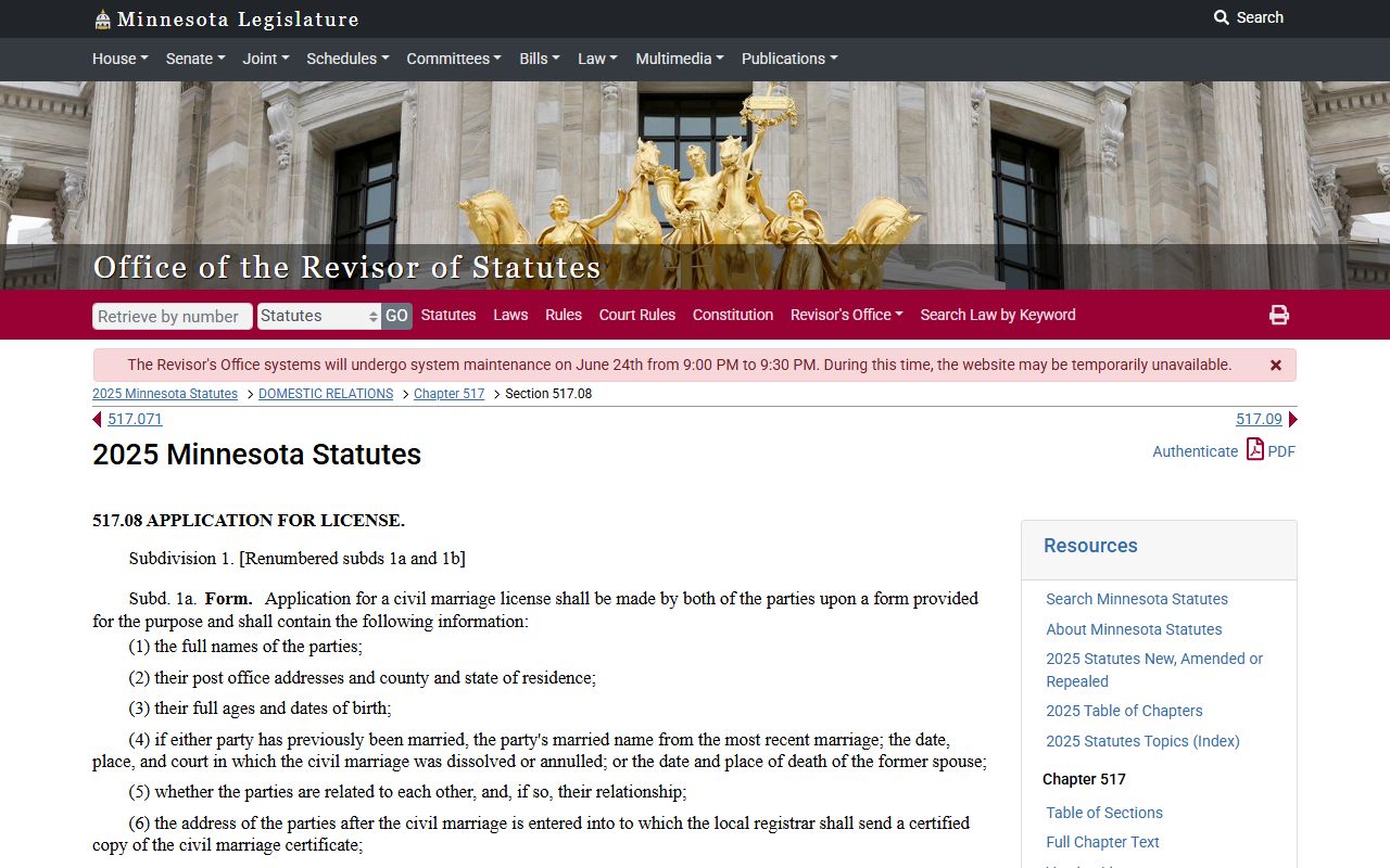 Nobles County marriage records Minnesota marriage license fee statute
